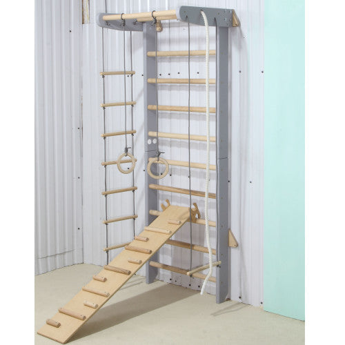 Complete Sports Corner Set Gray Wooden Swedish Ladder Wall Bars Playground for Kids