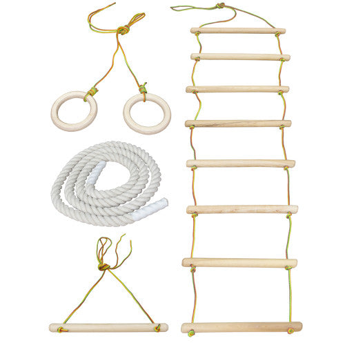 Complete Rope Set for Swedish Wall - Includes Gymnastic Rings, Rope Ladder, Trapeze, and Climbing Rope for Kids